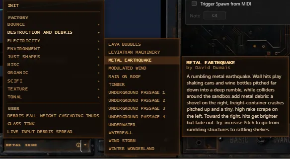 Preset browser with a factory folder open and a preset's author and description card